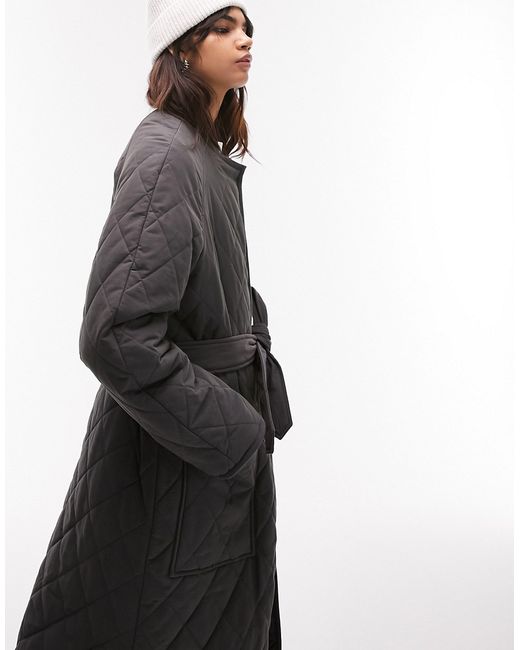 TopShop Collarless Quilted Coat in charcoal-