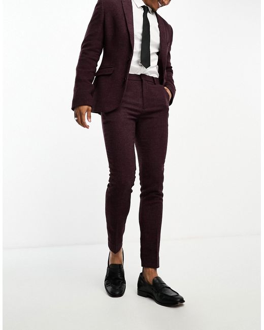 Asos Design wedding super skinny wool mix suit pants in burgundy puppytooth-