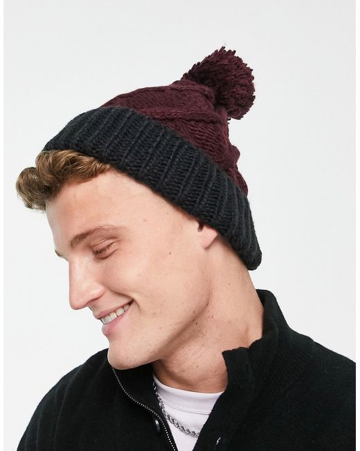 French Connection cable bobble two beanie hat in burgundy-