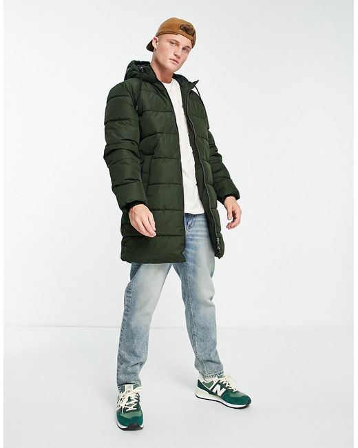 Only & Sons longline heavy weight puffer jacket in khaki-