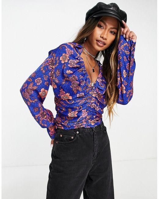 Free People floral printed blouse with ruched front in combo