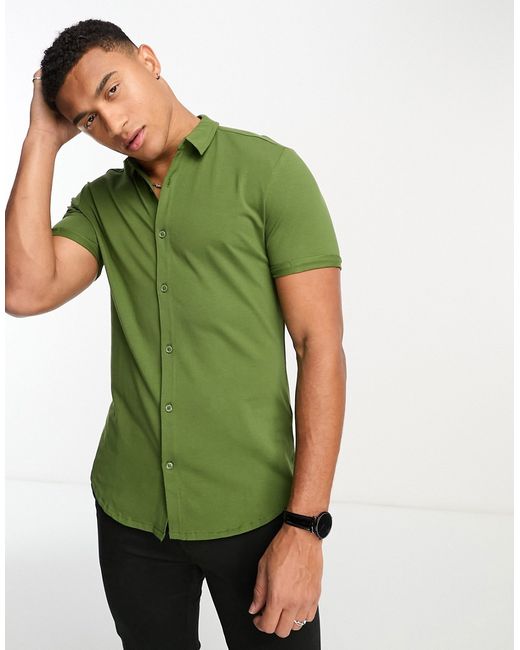 New Look muscle fit jersey shirt in khaki-