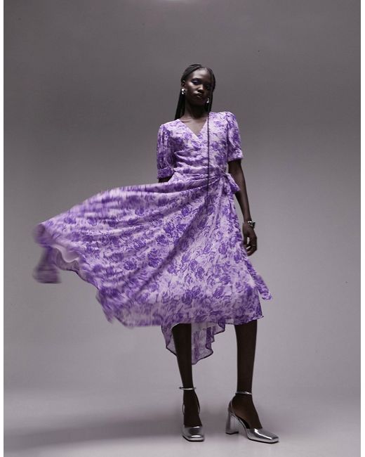 TopShop printed occasion midi wrap dress in purple floral-