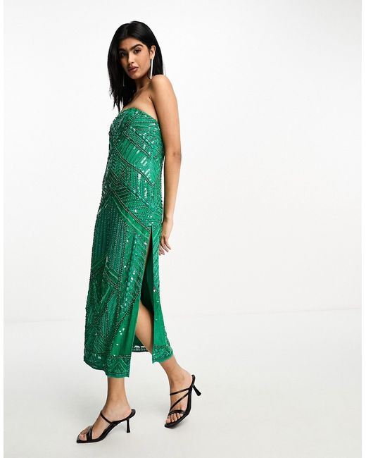 Asos Design embellished ergonomic bandeau midi dress in green-