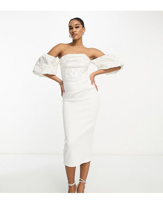 ASOS Tall DESIGN Tall bardot puff sleeve midi dress with floral sequin embellishment in white-