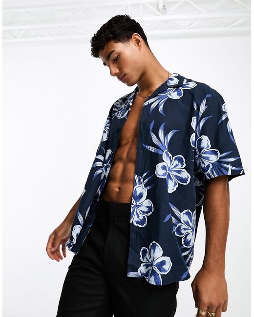 Selected Homme short sleeve revere collar linen shirt in floral print