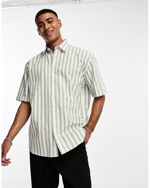 Selected Homme short sleeve linen shirt in sage stripe