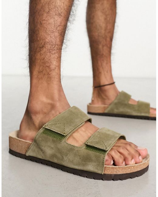 Selected Homme double strap suede sandal in khaki-
