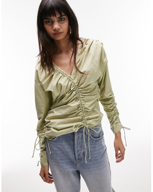 TopShop multi channel ruched poplin top in sage
