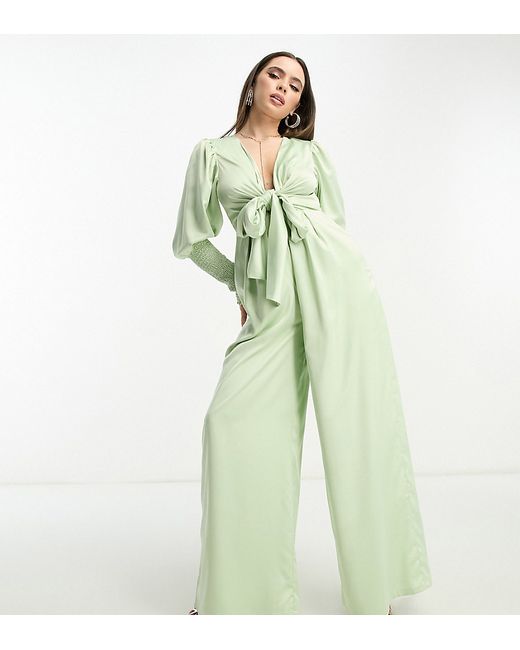 Collective The Label Petite exclusive plunge front wide leg jumpsuit in sage-