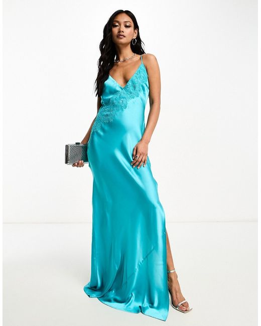 Asos Design satin cowl back cami maxi dress with lace applique in turquoise-