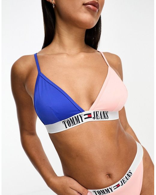 Tommy Hilfiger Tommy Jeans archive block triangle bikini top in ultra blue and pink-