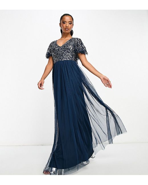 Beauut Petite Bridesmaid embellished maxi dress with flutter detail in
