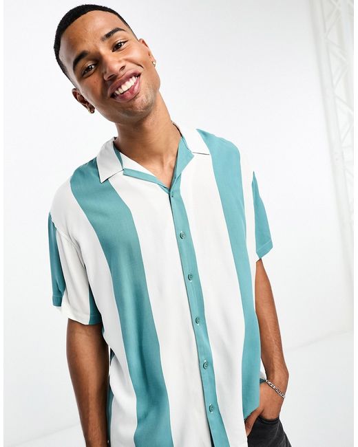 Jack & Jones Originals oversized camp collar shirt in green stripe-