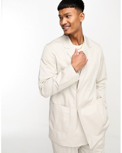 Jack & Jones Premium relaxed fit double breasted suit jacket in cream-