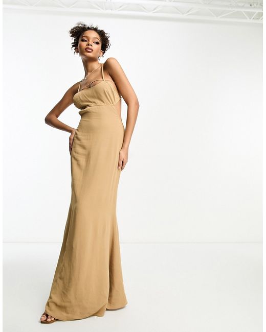 Asos Design elasticated strappy maxi dress with open back in tan-