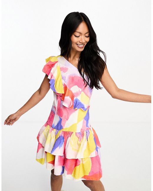 French Connection one shoulder mini ruffle dress in paint splash