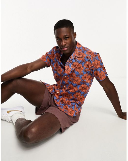 Selected Homme regular fit shirt in floral print blue and orange-