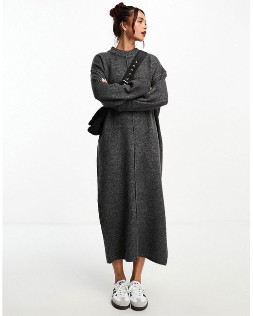 Asos Design oversized knitted midi dress with crew neck and seam detail in charcoal-