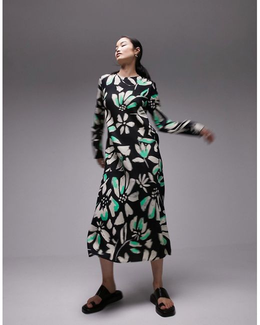 TopShop premium column midi dress in mono and green floral-