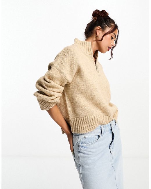 Asos Design relaxed sweater with zip collar in camel-