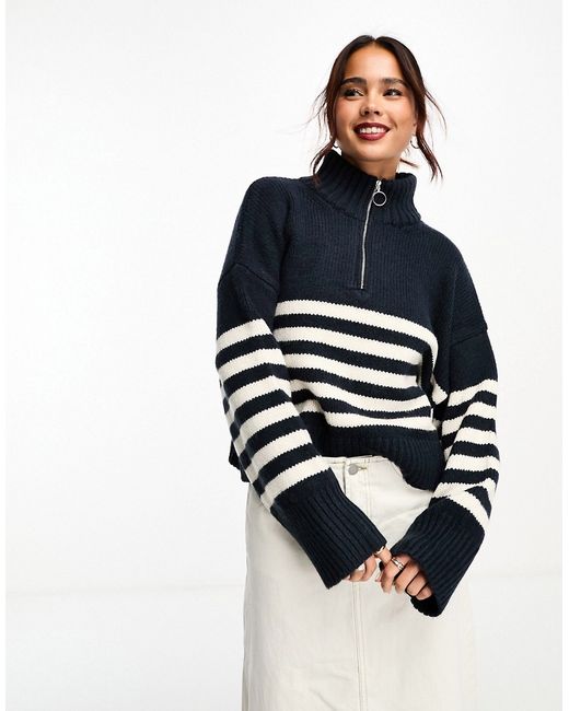 Asos Design relaxed sweater with zip collar in stripe-