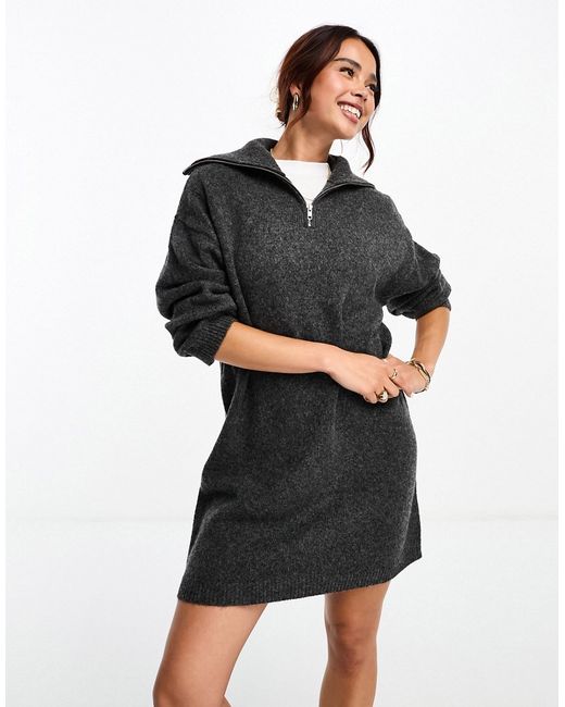 Asos Design knitted sweater mini dress with zip neck in charcoal-