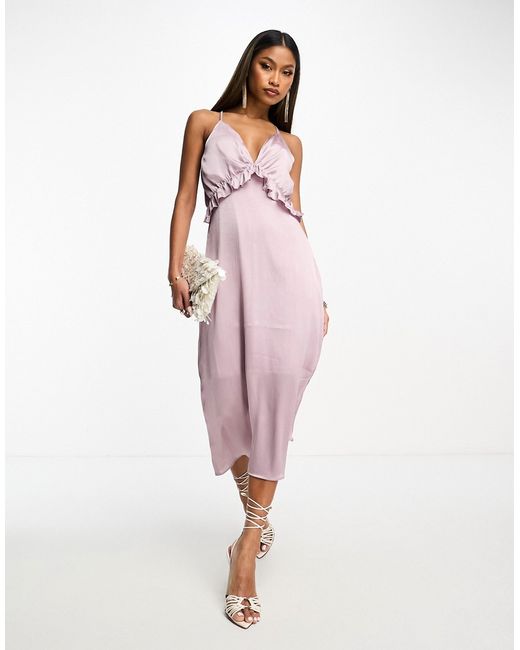 Y.A.S satin cami midi dress with frill detail in rich silver lilac-
