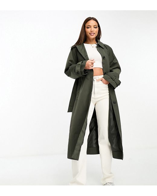 ASOS Tall DESIGN Tall premium top collar trench in dark olive-