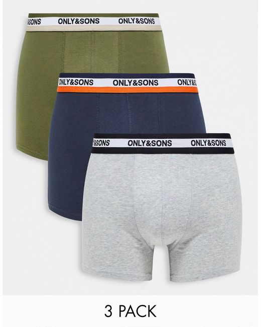 Only & Sons 3 pack trunks in with contrast waistband
