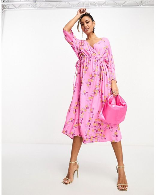 Y.A.S ruched side midi dress in floral print