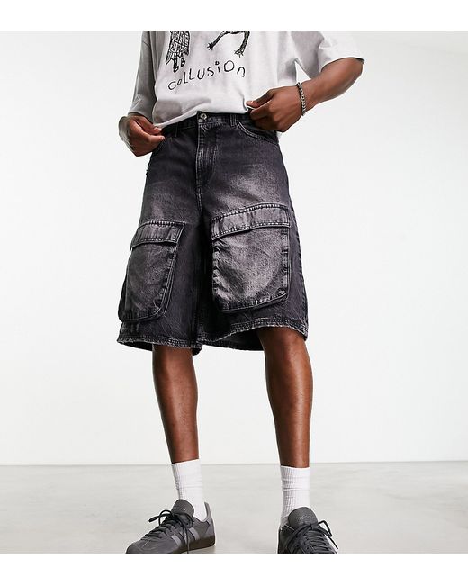 Collusion longline denim shorts with cargo pockets in washed