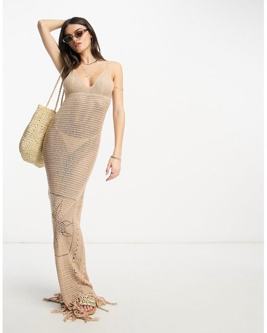 Flook premium crochet fringe beach maxi summer dress in cream-