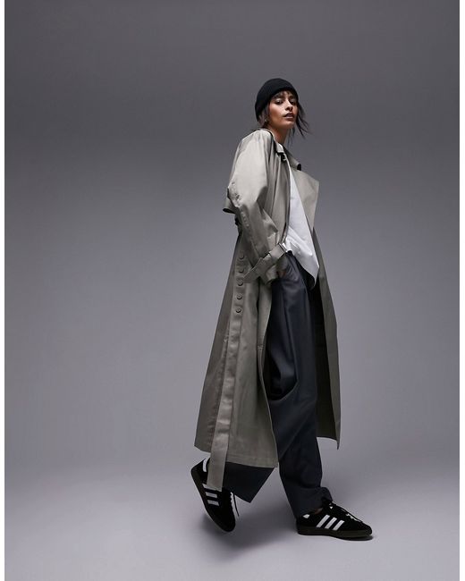 TopShop long-line snap trench coat in khaki-