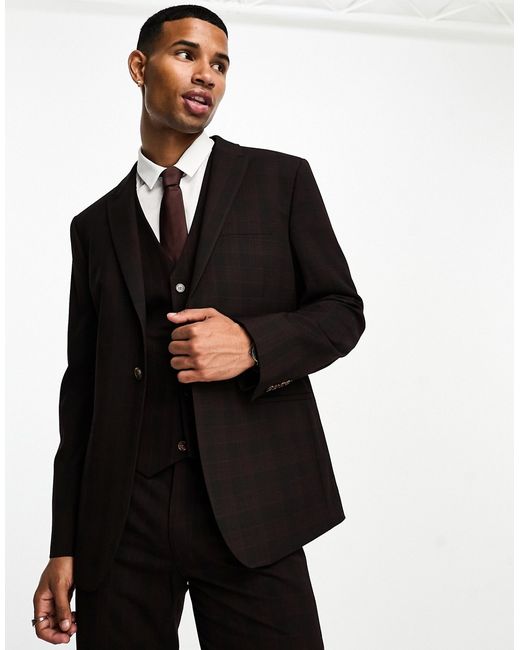 Asos Design slim suit jacket in burgundy plaid-