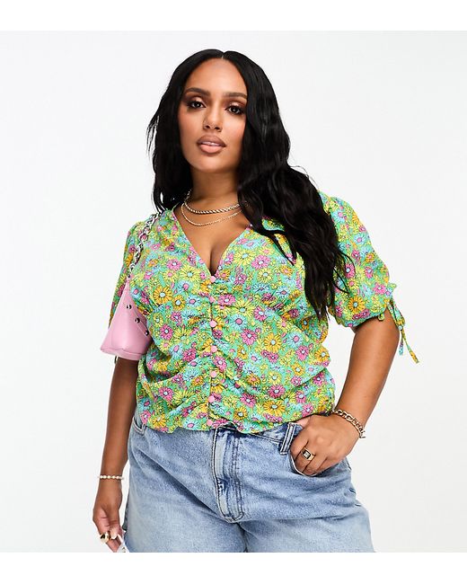 ASOS Curve DESIGN Curve button front tee blouse with ruched waist in bright daisy floral print-