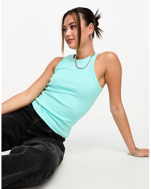 Jjxx ribbed racer neck top in turquoise-