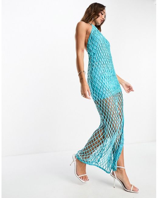 Asos Design halter lattice embellished maxi dress with split in turquoise-