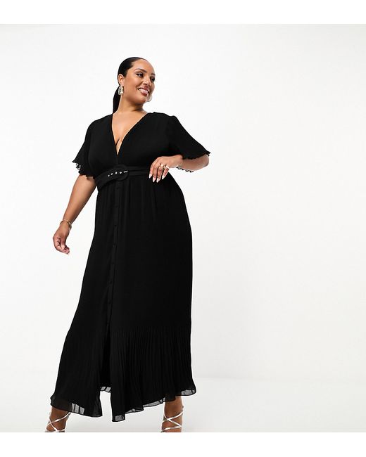 ASOS Curve DESIGN Curve pleated flutter sleeve midi dress with belt detail in