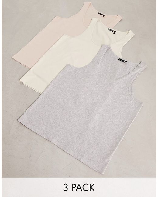 Asos Design 3-pack tank tops with scoop neck in gray heather beige and pink-