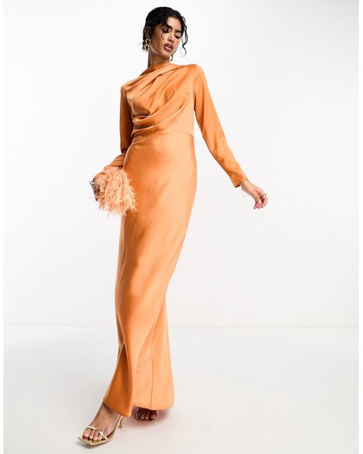 Asos Design satin maxi dress with drape bodice detail in rust-