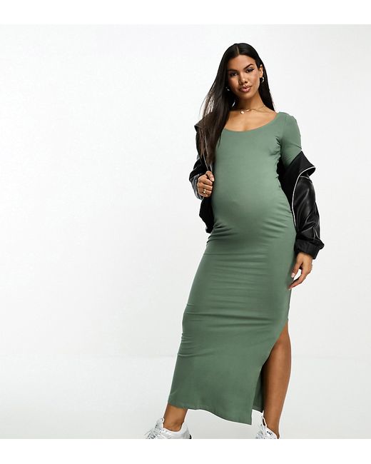 Vero Moda Maternity body-conscious midi dress with side splits in khaki-