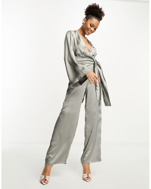 Pretty Lavish tie front jumpsuit with pockets in slate