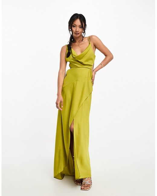 Asos Design satin cowl midaxi dress with cut out waist and graduated hem in chartreuse-