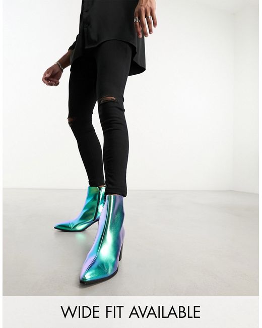 Asos Design heeled chelsea boot in blue mirror faux leather-