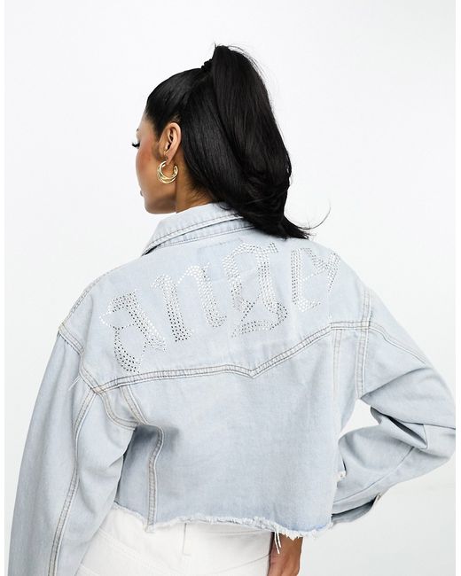Fae cropped denim jacket with diamante angel motif-