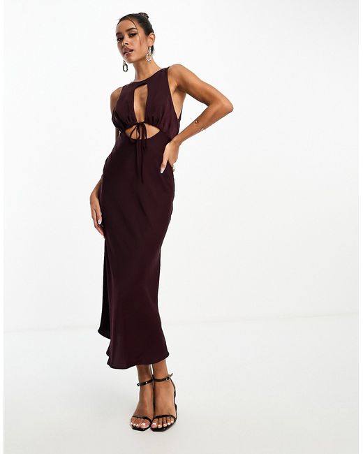 Asos Design satin cut out midi dress with tie front detail in wine-