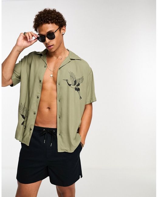 Selected Homme revere collar oversized shirt with bird print in khaki-