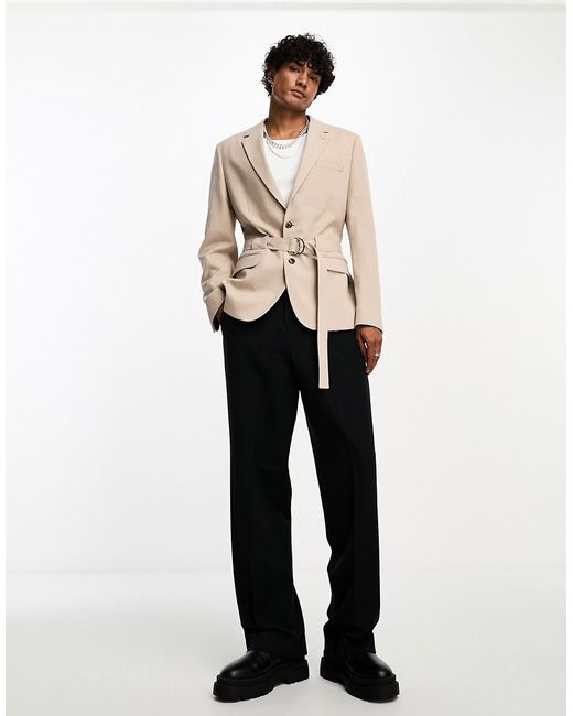 Asos Design skinny belted blazer in taupe micro texture-