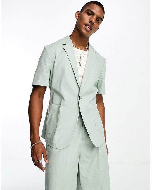 Asos Design short sleeved linen mix suit jacket in sage-